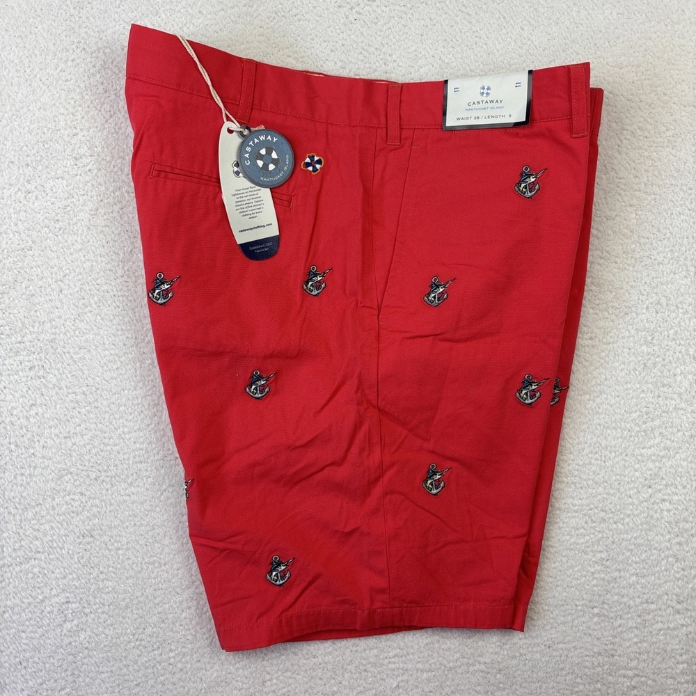 NEW CASTAWAY NANTUCKET Mens Chino Shorts Size 38 Embroidered Anchor Fish Preppy
